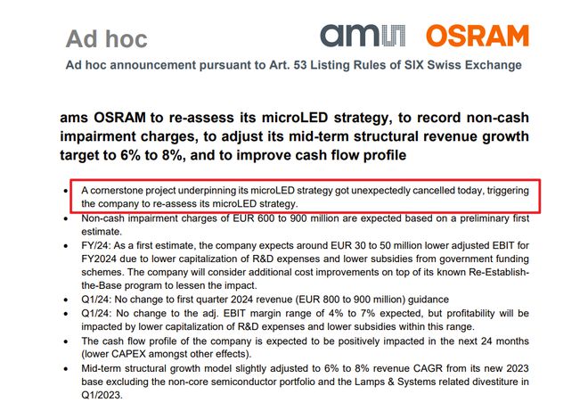ams OSRAM宣布Micro LED重要项目意外取消(图1) ams OSRAM宣布Micro LED重要项目意外取消(图1)